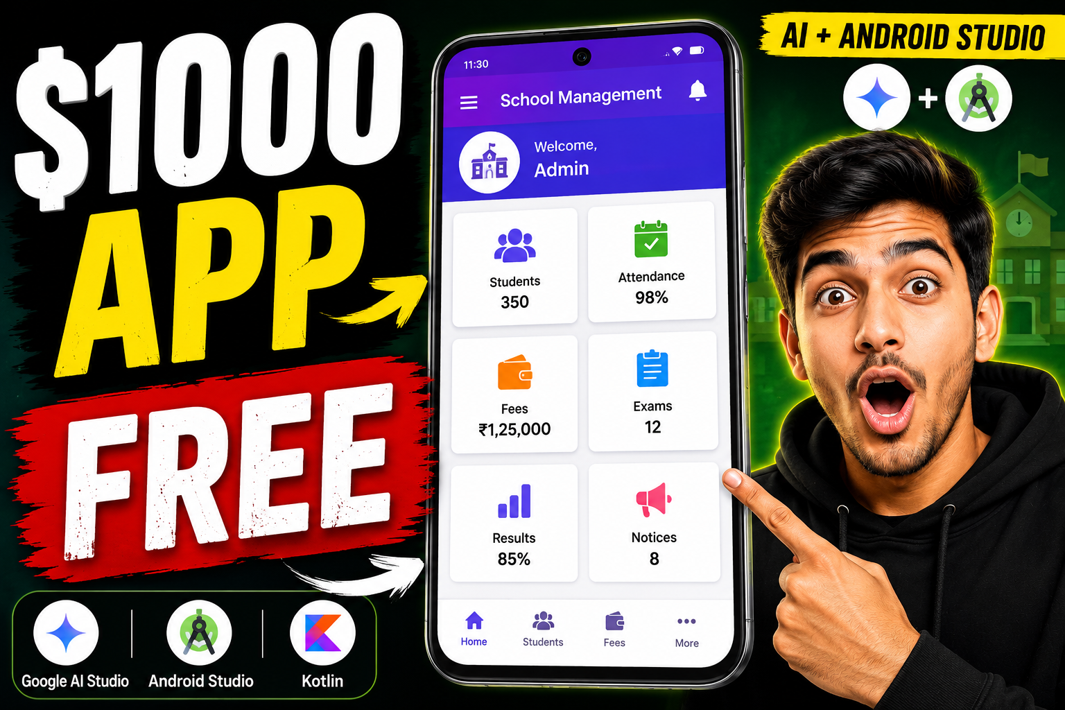 School Management App Worth $1000, Cost ₹0 🤯 | Google AI Studio + Android Studio